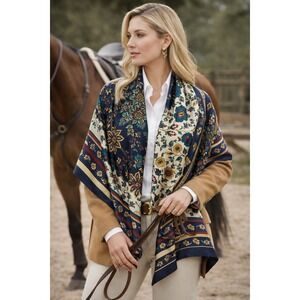 Vintage European Silk Scarf Persian Floral Navy Cream Classic Luxe Boho‎